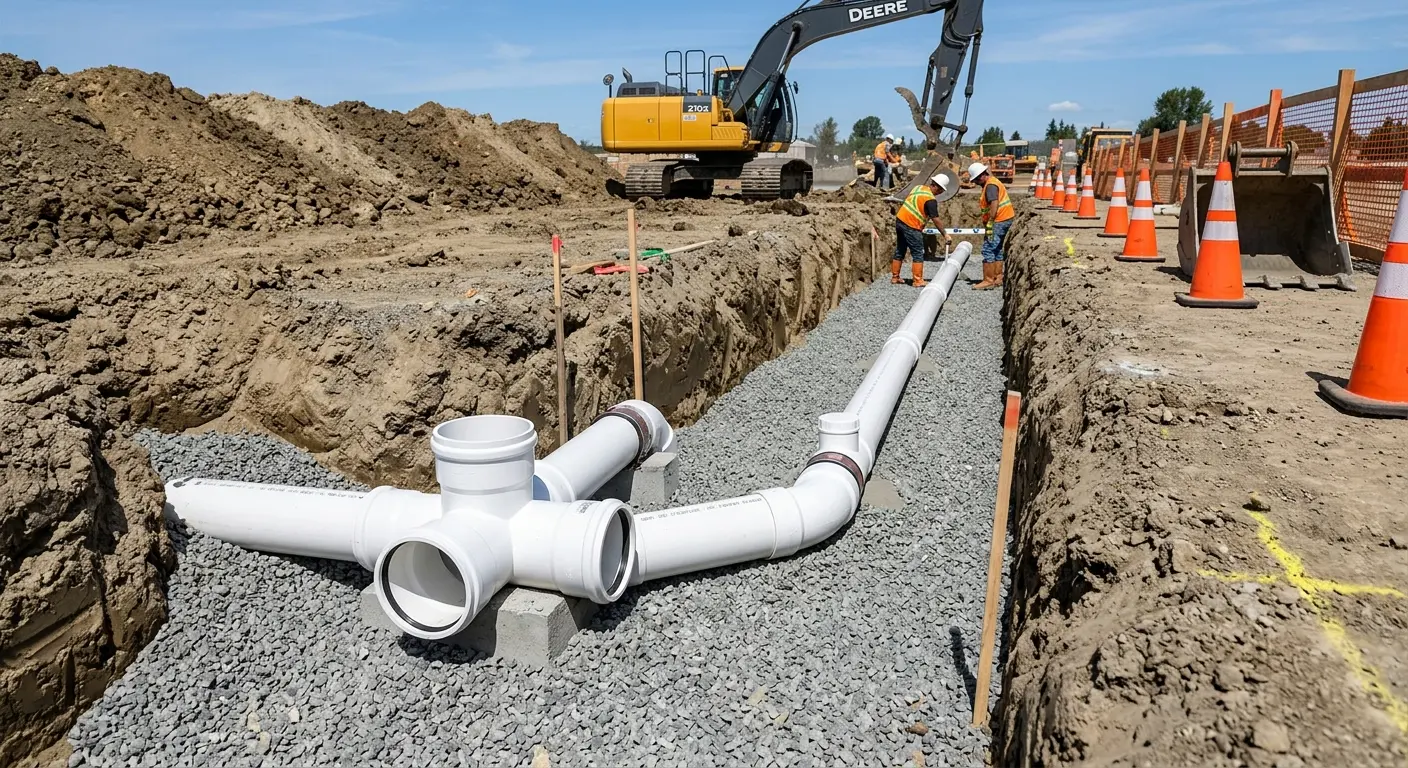New PVC sewer pipe installation in open trench for Sewer Backup in Milton